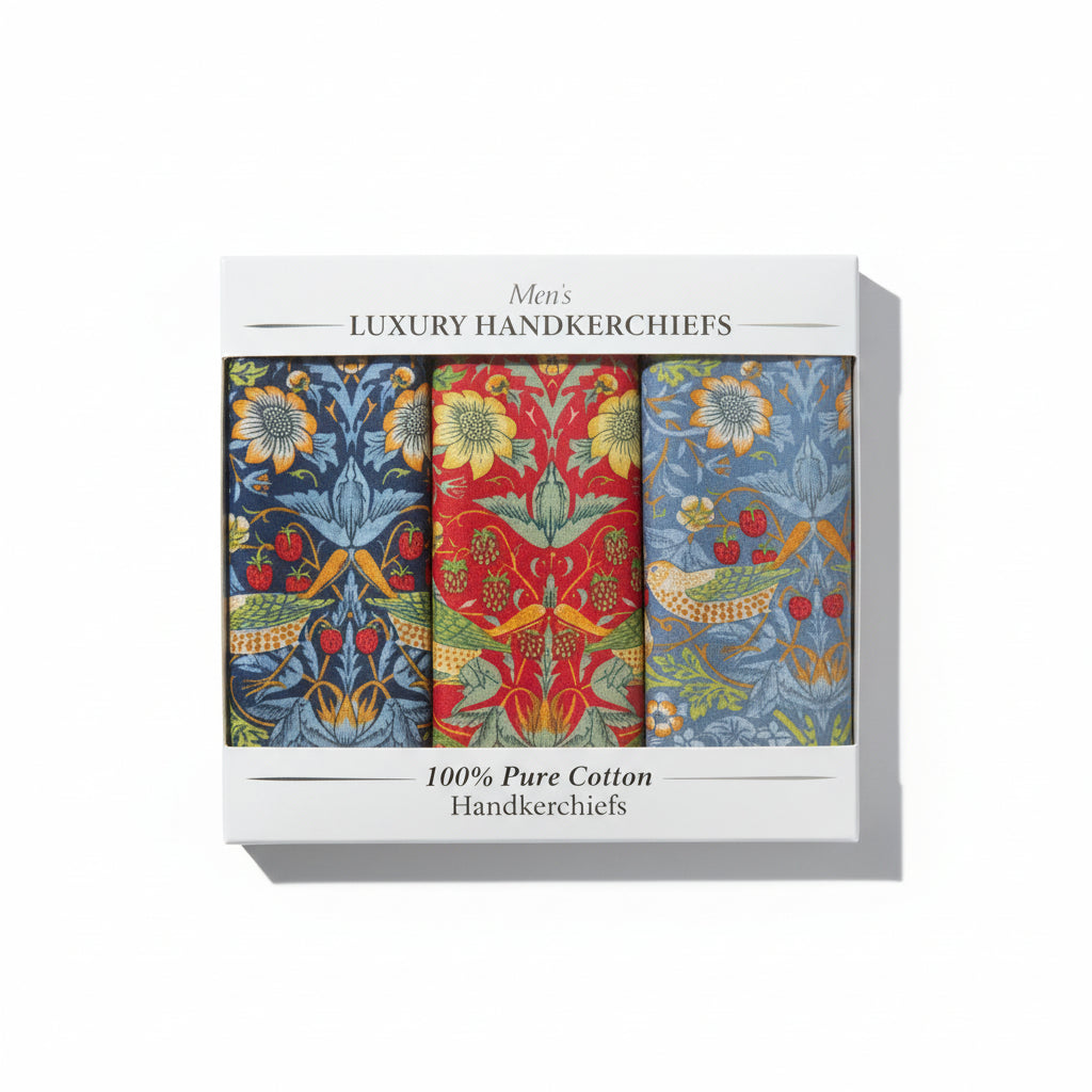 Le Chateau - Mens - Luxury Handkerciefs - W Morris Strawberry Thief Pocket Sq - Wildvine Clothing, Spalding, Lincolnshire