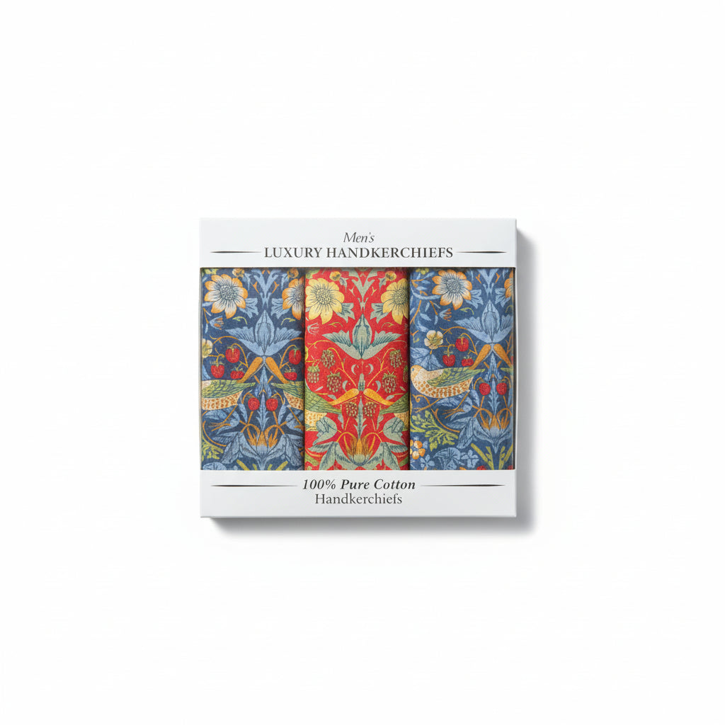 Le Chateau - Mens - Luxury Handkerciefs - W Morris Strawberry Thief Pocket Sq - Wildvine Clothing, Spalding, Lincolnshire