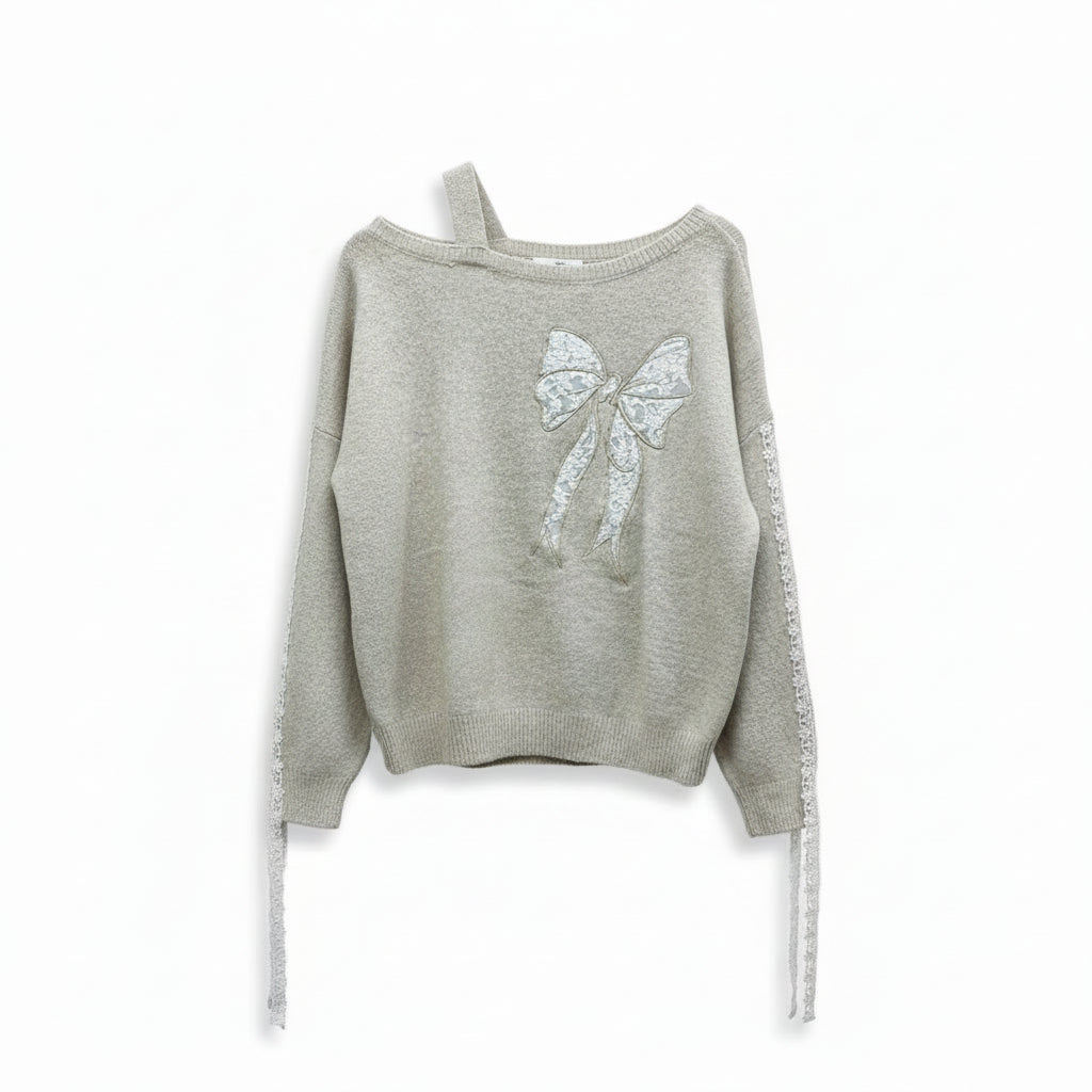 Wild Flower - Ladies - Bow Embroidered Jumper - Beige - Wildvine Clothing, Spalding, Lincolnshire