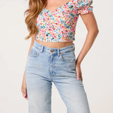 QED London - Ladies - Ditsy Floral Cropped Puff Sleeve Top - Floral - Wildvine Clothing, Spalding, Lincolnshire