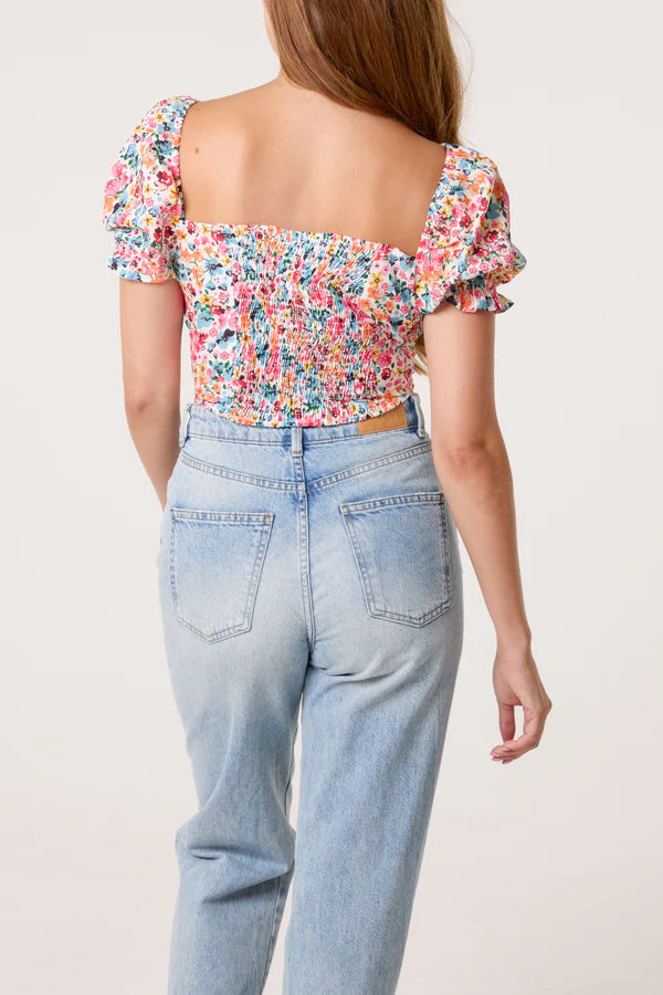 QED London - Ladies - Ditsy Floral Cropped Puff Sleeve Top - Floral - Wildvine Clothing, Spalding, Lincolnshire