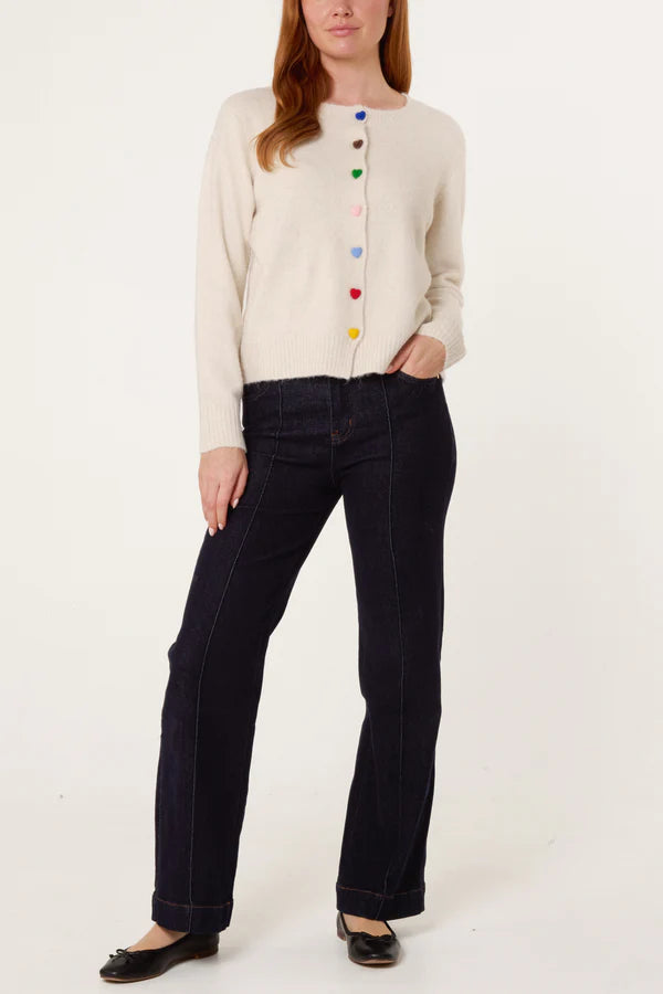 QED London - Ladies - Colourful Heart Buttons Knit Cardigan - Multi Colour - Wildvine Clothing, Spalding, Lincolnshire