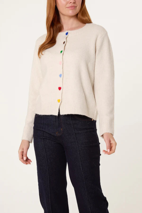 QED London - Ladies - Colourful Heart Buttons Knit Cardigan - Multi Colour - Wildvine Clothing, Spalding, Lincolnshire