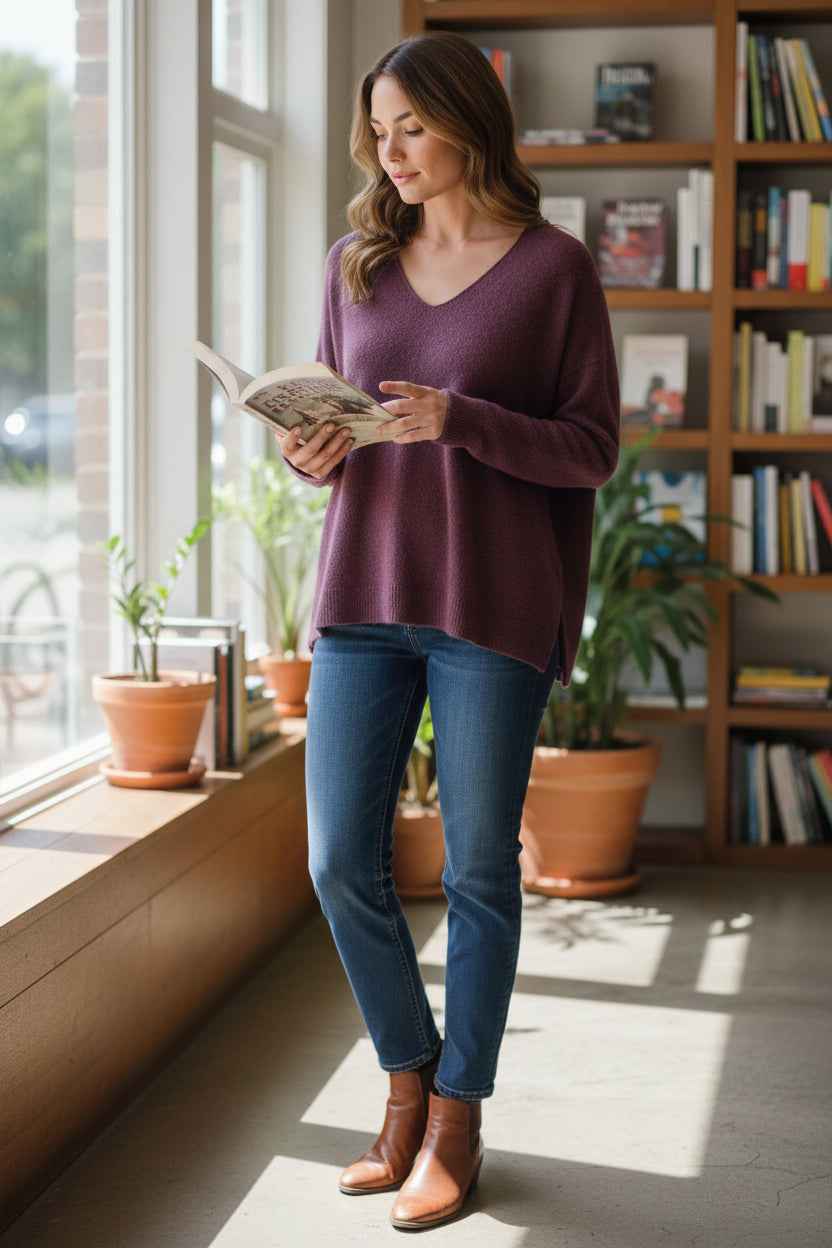D.E.C.K By Decollage - Ladies V neck Classic Knit - Mulberry - Wildvine Clothing, Spalding, Lincolnshire