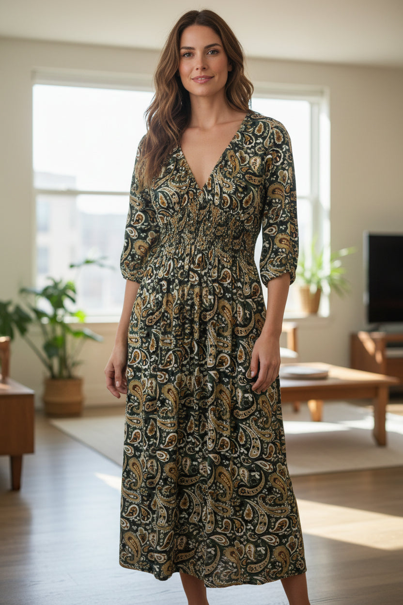 Misumi - Ladies -V Neck Wrap - Midi Dress - Khaki - Wildvine Clothing, Spalding, Lincolnshire