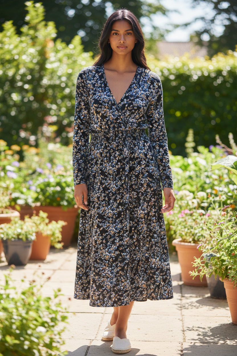 Misumi - Ladies -V Neck Wrap - Long Sleeve - Midi Dress - Black / Pattern - Wildvine Clothing, Spalding, Lincolnshire