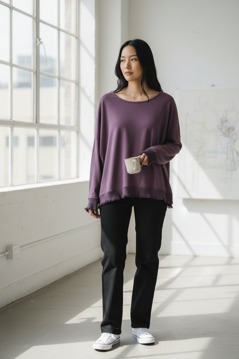 D.E.C.K. by Decollage Ladies Satin Trim & Back Button Top - Mulberry - Wildvine Clothing, Spalding, Lincolnshire