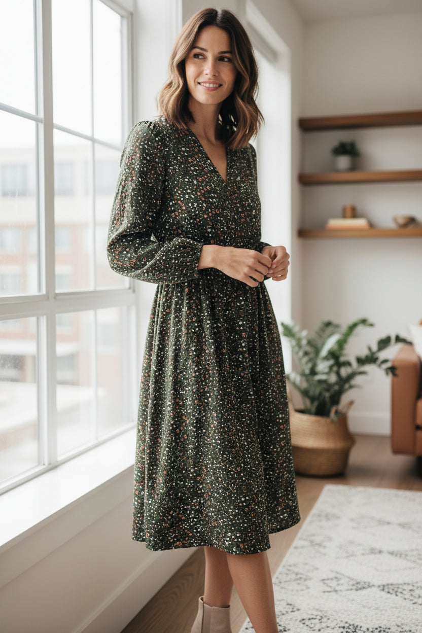 QED London - Ladies - Long Sleeve - Midi Dress - Animal Print Khaki - Wildvine Clothing, Spalding, Lincolnshire