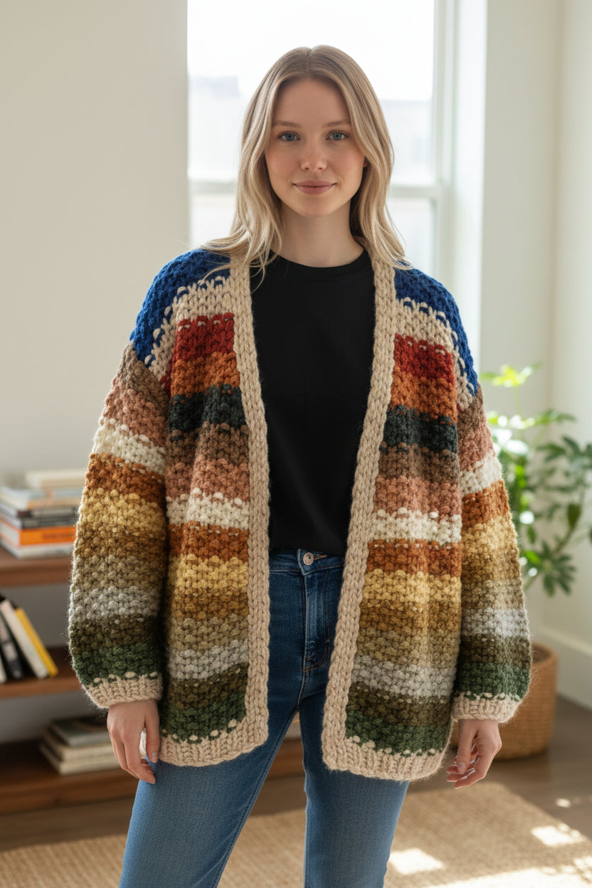 Wild Flower - Ladies - Colourful Chunky Hand Knitted - Striped Cardigan - Multi colour - Wildvine Clothing, Spalding, Lincolnshire