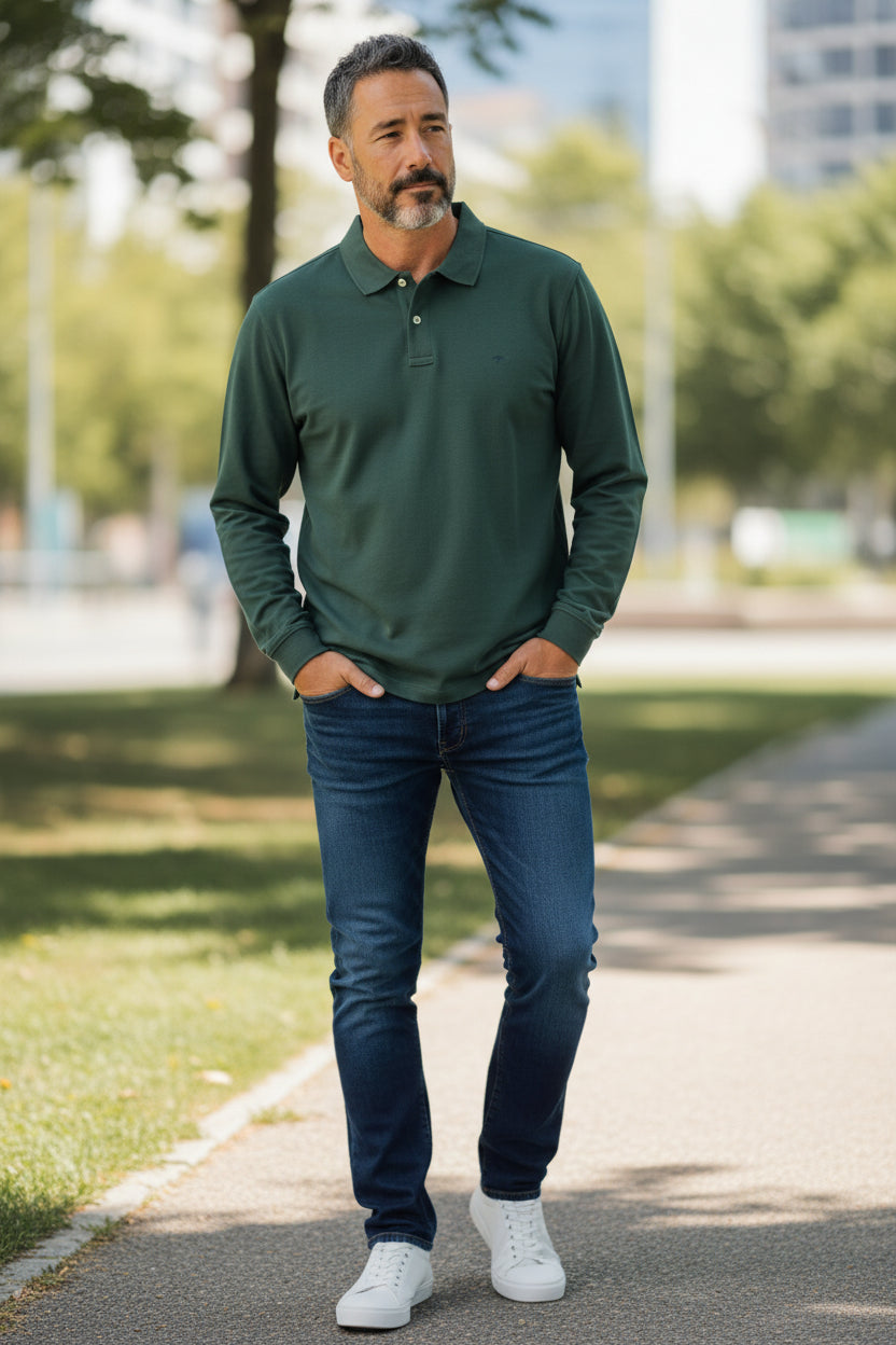 Fynch-Hatton - Mens Knitwear - Polo Longsleeve, Premium Cotton - Dark Ivy 737 - Wildvine Clothing, Spalding, Lincolnshire
