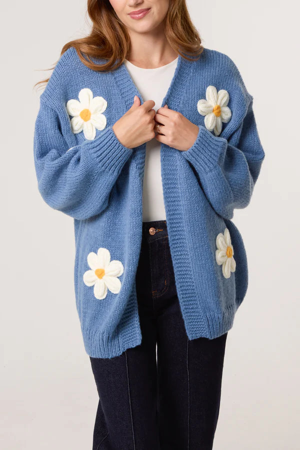 Wild Flower - Ladies - Flocking Daisy Open Knit Cardigan - Denim - Wildvine Clothing, Spalding, Lincolnshire