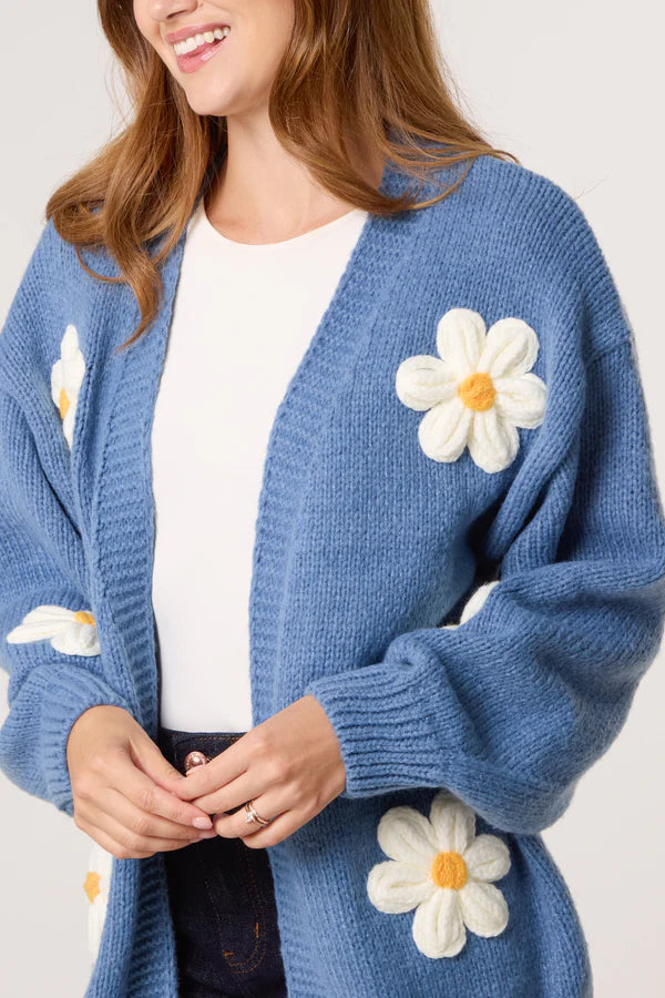 Wild Flower - Ladies - Flocking Daisy Open Knit Cardigan - Denim - Wildvine Clothing, Spalding, Lincolnshire