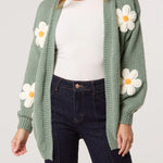 Wild Flower - Ladies - Flocking Daisy Open Knit Cardigan - Sage - Wildvine Clothing, Spalding, Lincolnshire