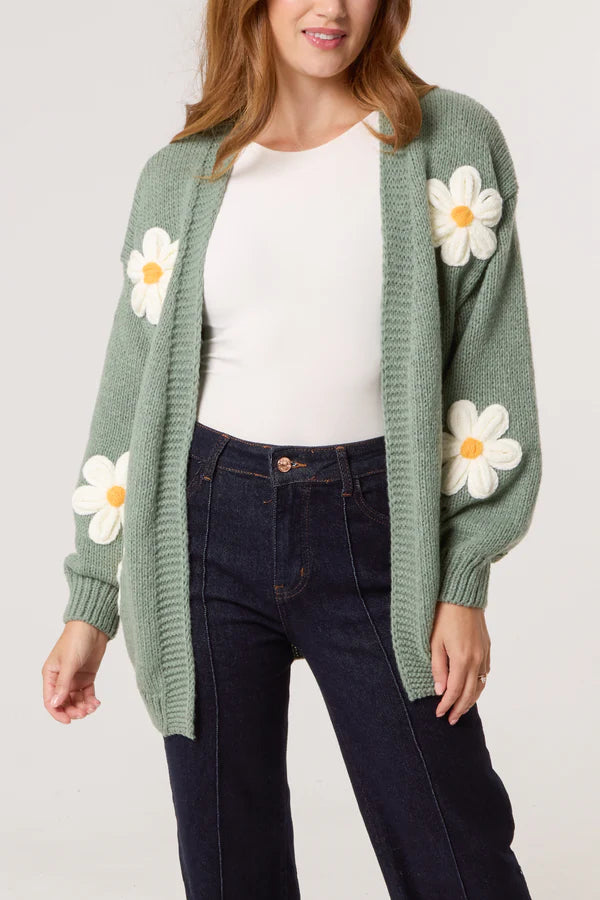 Wild Flower - Ladies - Flocking Daisy Open Knit Cardigan - Sage - Wildvine Clothing, Spalding, Lincolnshire