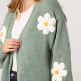 Wild Flower - Ladies - Flocking Daisy Open Knit Cardigan - Sage - Wildvine Clothing, Spalding, Lincolnshire