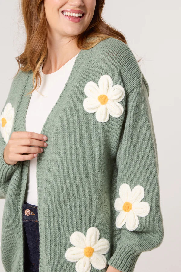 Wild Flower - Ladies - Flocking Daisy Open Knit Cardigan - Sage - Wildvine Clothing, Spalding, Lincolnshire