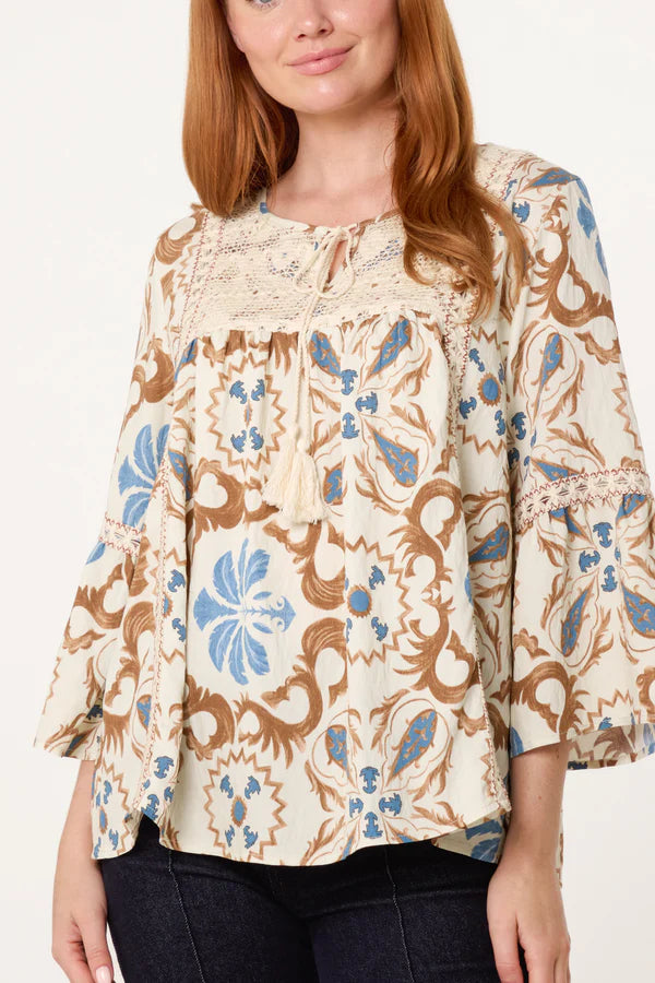 Wild Flower - Ladies - Floral Damask Crochet Detail Blouse - Mocha - Wildvine Clothing, Spalding, Lincolnshire