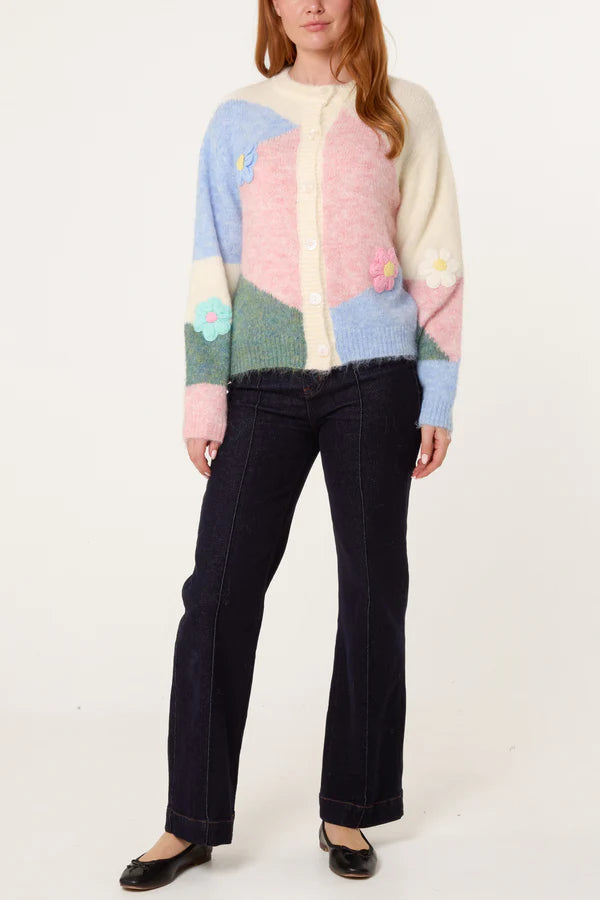 Wild Flower - Ladies - Colour Block Knit Flowers Cardigan - Wildvine Clothing, Spalding, Lincolnshire
