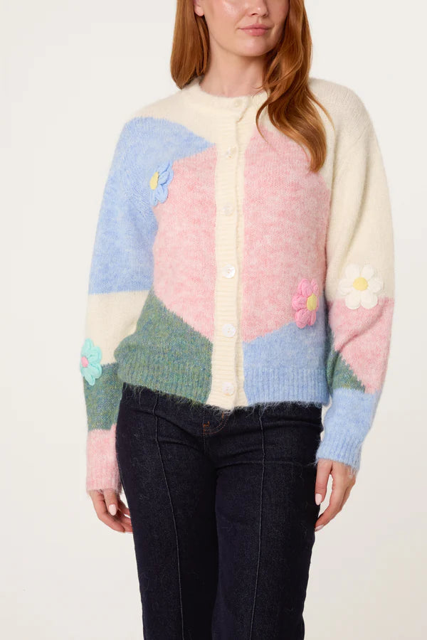 Wild Flower - Ladies - Colour Block Knit Flowers Cardigan - Wildvine Clothing, Spalding, Lincolnshire