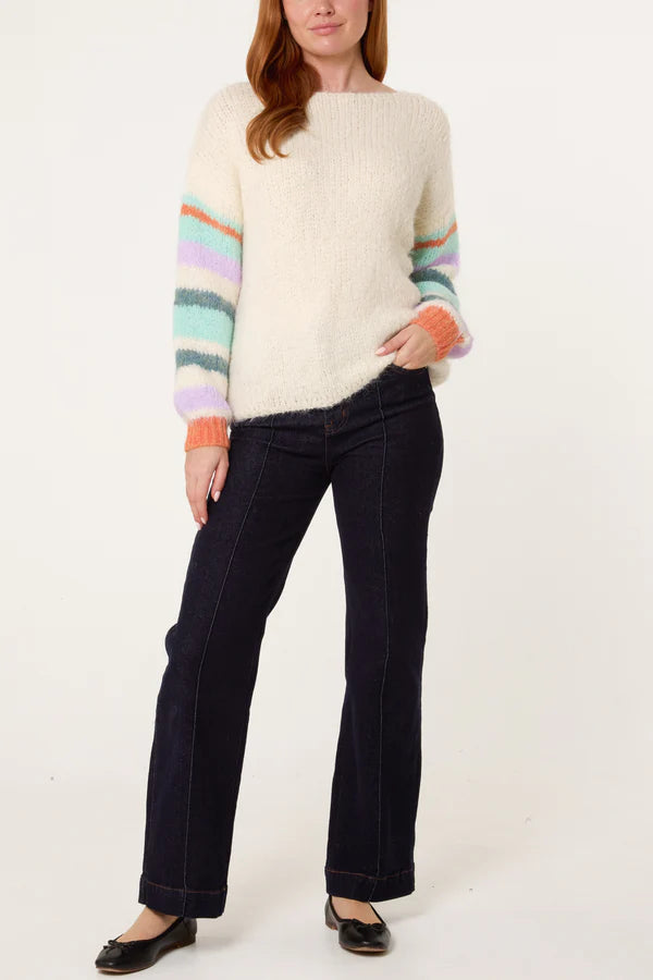 Wild Flower - Ladies -Striped Sleeve Fluffy Knit Jumper - Ivory/Aqua - Wildvine Clothing, Spalding, Lincolnshire