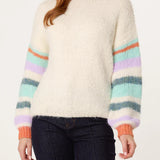 Wild Flower - Ladies -Striped Sleeve Fluffy Knit Jumper - Ivory/Aqua - Wildvine Clothing, Spalding, Lincolnshire
