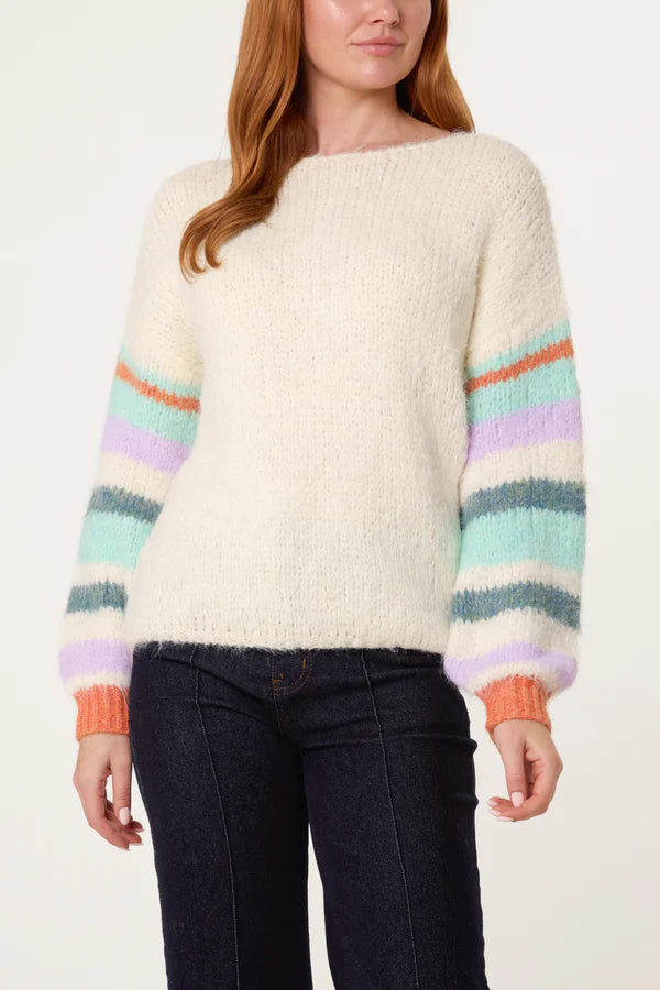 Wild Flower - Ladies -Striped Sleeve Fluffy Knit Jumper - Ivory/Aqua - Wildvine Clothing, Spalding, Lincolnshire