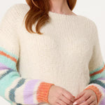Wild Flower - Ladies -Striped Sleeve Fluffy Knit Jumper - Ivory/Aqua - Wildvine Clothing, Spalding, Lincolnshire