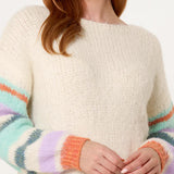 Wild Flower - Ladies -Striped Sleeve Fluffy Knit Jumper - Ivory/Aqua - Wildvine Clothing, Spalding, Lincolnshire