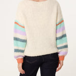 Wild Flower - Ladies -Striped Sleeve Fluffy Knit Jumper - Ivory/Aqua - Wildvine Clothing, Spalding, Lincolnshire