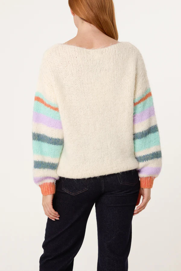 Wild Flower - Ladies -Striped Sleeve Fluffy Knit Jumper - Ivory/Aqua - Wildvine Clothing, Spalding, Lincolnshire