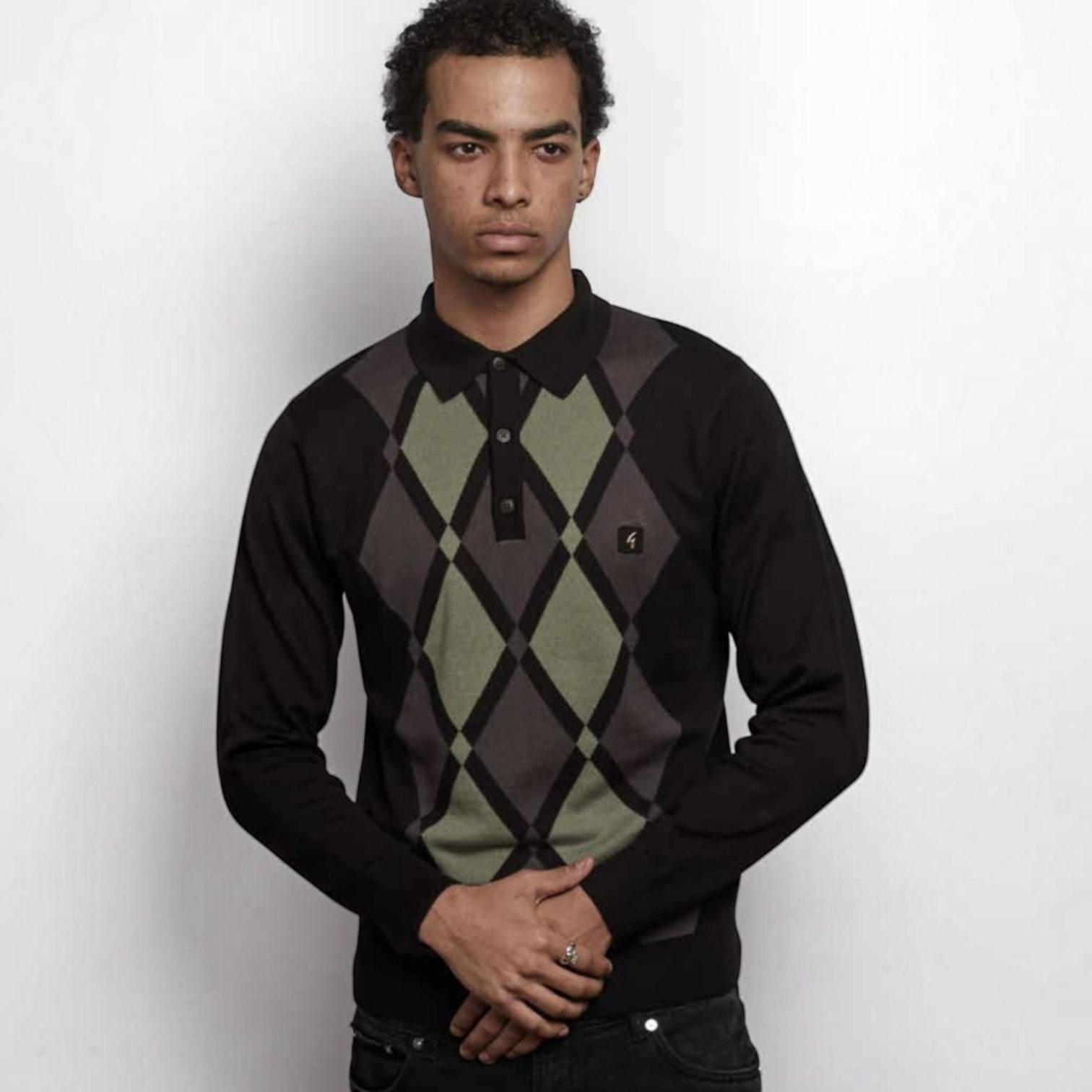 Gabicci Vintage - Mens Bond Argyle Knit Polo - Black - V57GM02 - Wildvine Clothing, Spalding, Lincolnshire