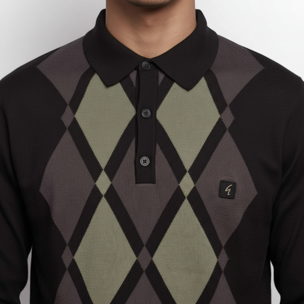 Gabicci Vintage - Mens Bond Argyle Knit Polo - Black - V57GM02 - Wildvine Clothing, Spalding, Lincolnshire