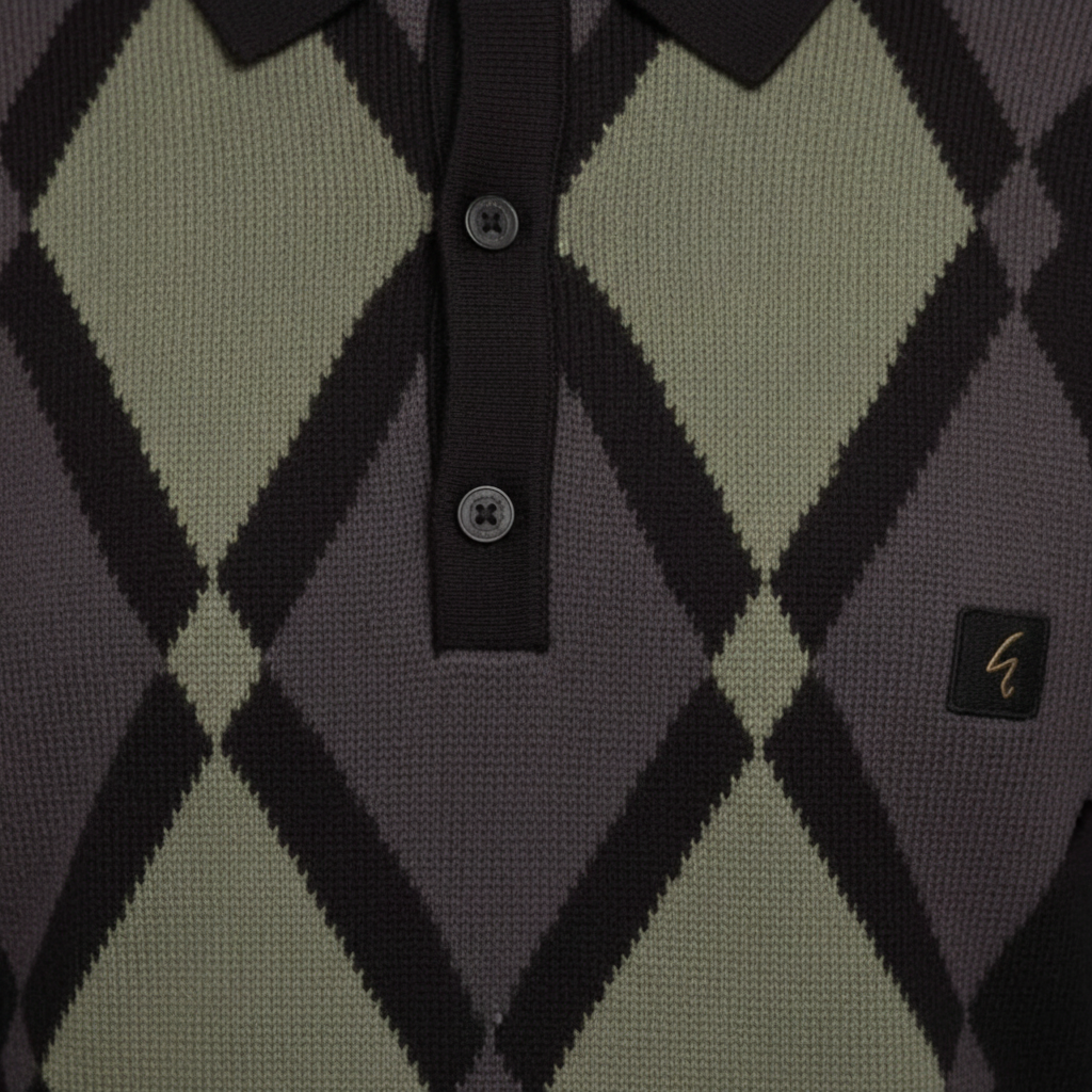 Gabicci Vintage - Mens Bond Argyle Knit Polo - Black - V57GM02 - Wildvine Clothing, Spalding, Lincolnshire