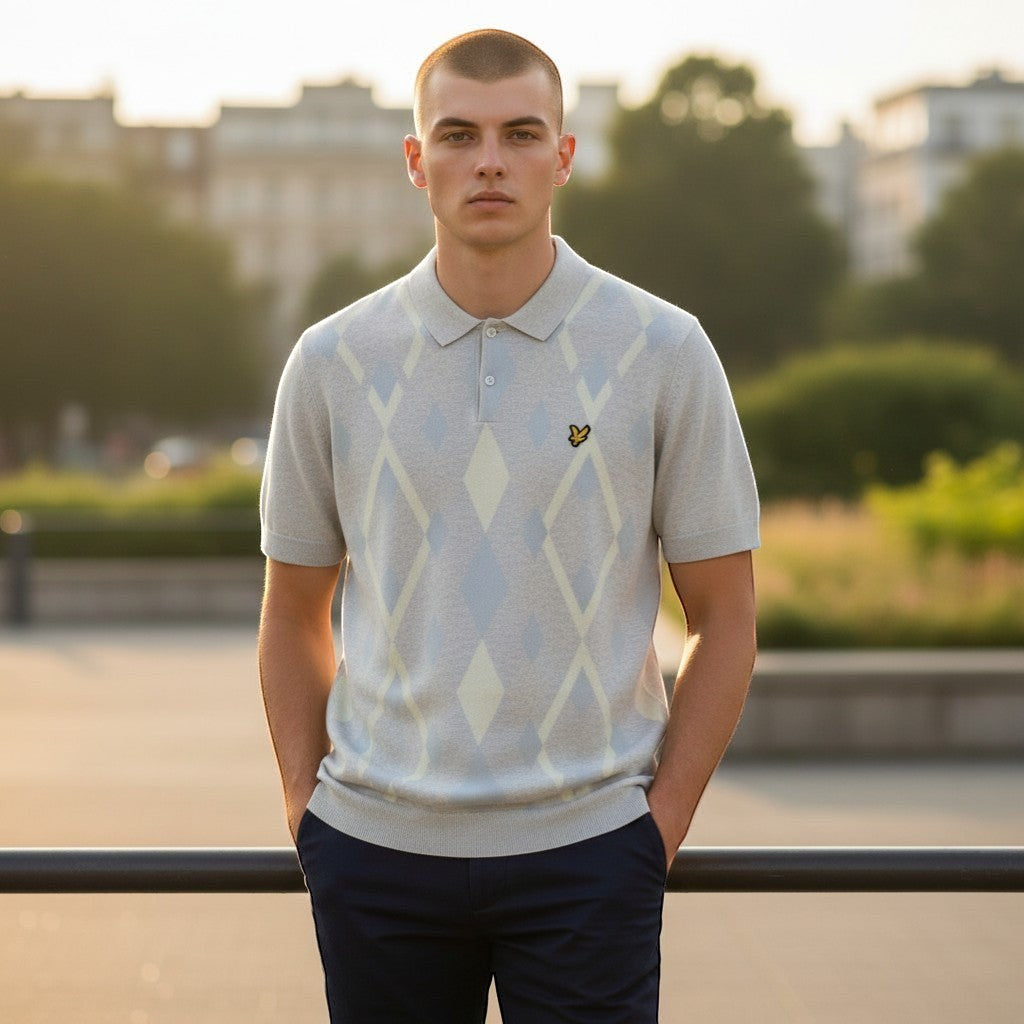 Lyle & Scott - Mens Cotton Argyle Short Sleeve Knitted Polo - Light Grey Marl/ Opal Blue - Wildvine Clothing, Spalding, Lincolnshire