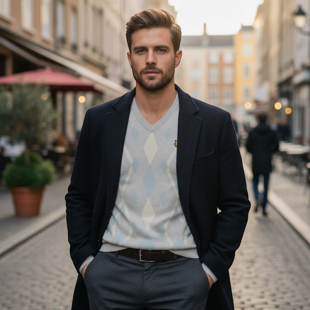 Lyle & Scott - Mens Cotton Argyle V Neck Jumper - Light Grey Marl/ Opal Blue - KN2490V Y391 - Wildvine Clothing, Spalding, Lincolnshire