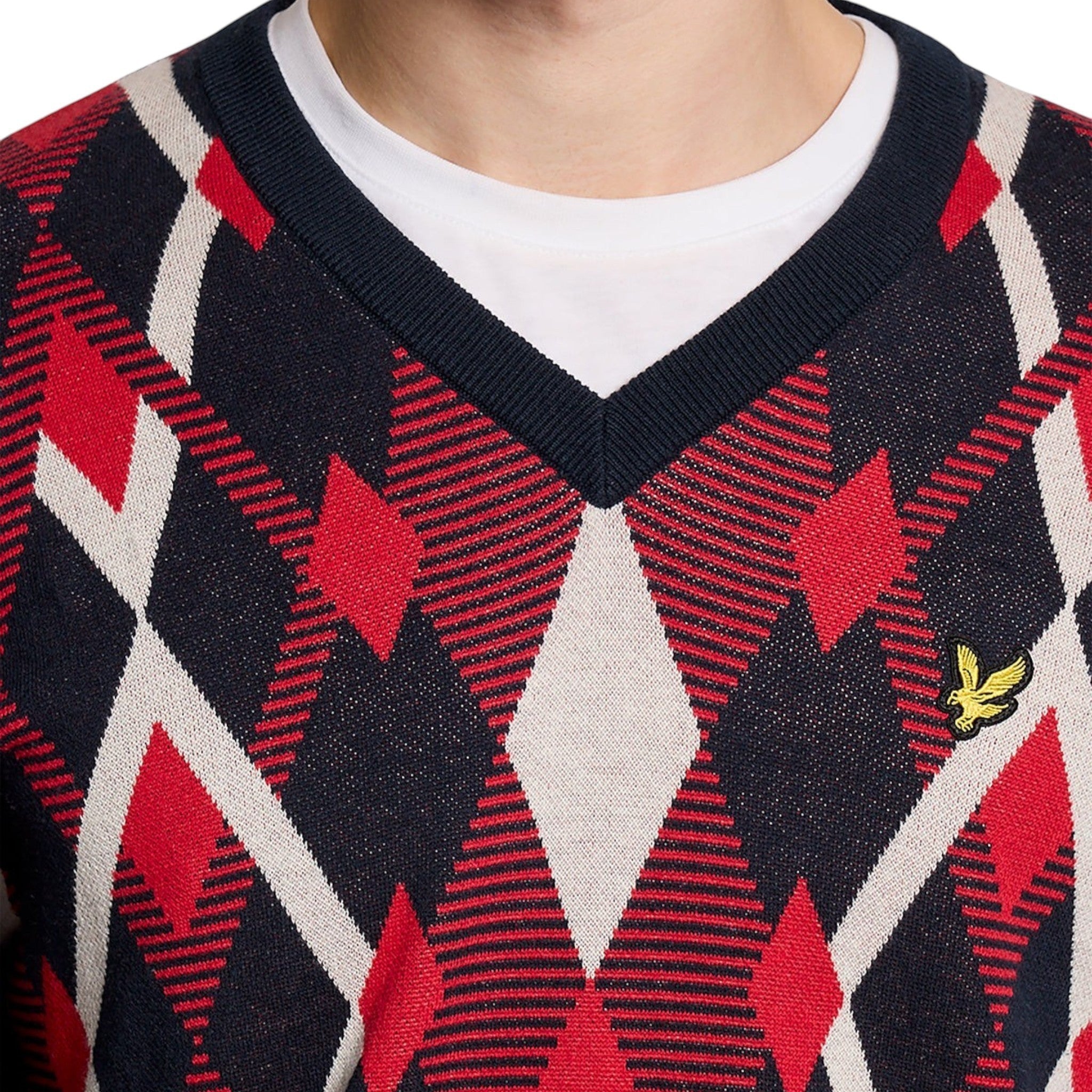 Lyle & Scott - Mens Cotton Argyle V Neck Jumper - Dark Navy / Cherry Red - KN2490V Y392 - Wildvine Clothing, Spalding, Lincolnshire