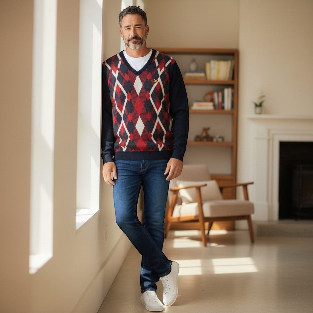 Lyle & Scott - Mens Cotton Argyle V Neck Jumper - Dark Navy / Cherry Red - KN2490V Y392 - Wildvine Clothing, Spalding, Lincolnshire
