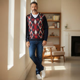 Lyle & Scott - Mens Cotton Argyle V Neck Jumper - Dark Navy / Cherry Red - KN2490V Y392 - Wildvine Clothing, Spalding, Lincolnshire