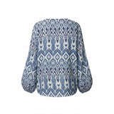 QED London - Ladies - Aztec Print V-Neck Puffball Blouse - Blue/White - Wildvine Clothing, Spalding, Lincolnshire