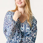 QED London - Ladies - Aztec Print V-Neck Puffball Blouse - Blue/White - Wildvine Clothing, Spalding, Lincolnshire