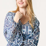 QED London - Ladies - Aztec Print V-Neck Puffball Blouse - Blue/White - Wildvine Clothing, Spalding, Lincolnshire
