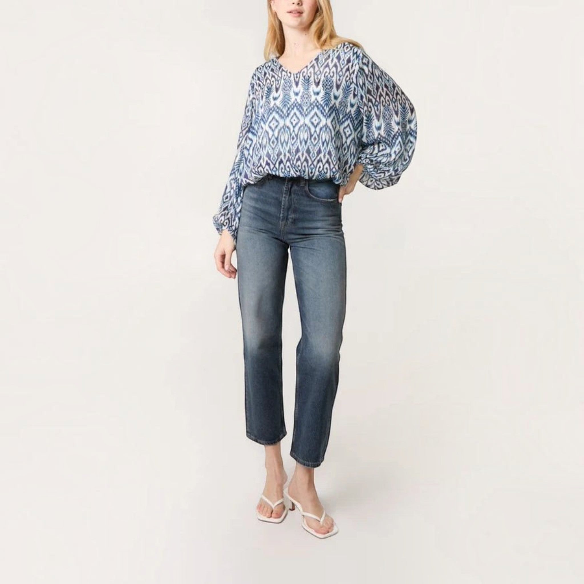 QED London - Ladies - Aztec Print V-Neck Puffball Blouse - Blue/White - Wildvine Clothing, Spalding, Lincolnshire