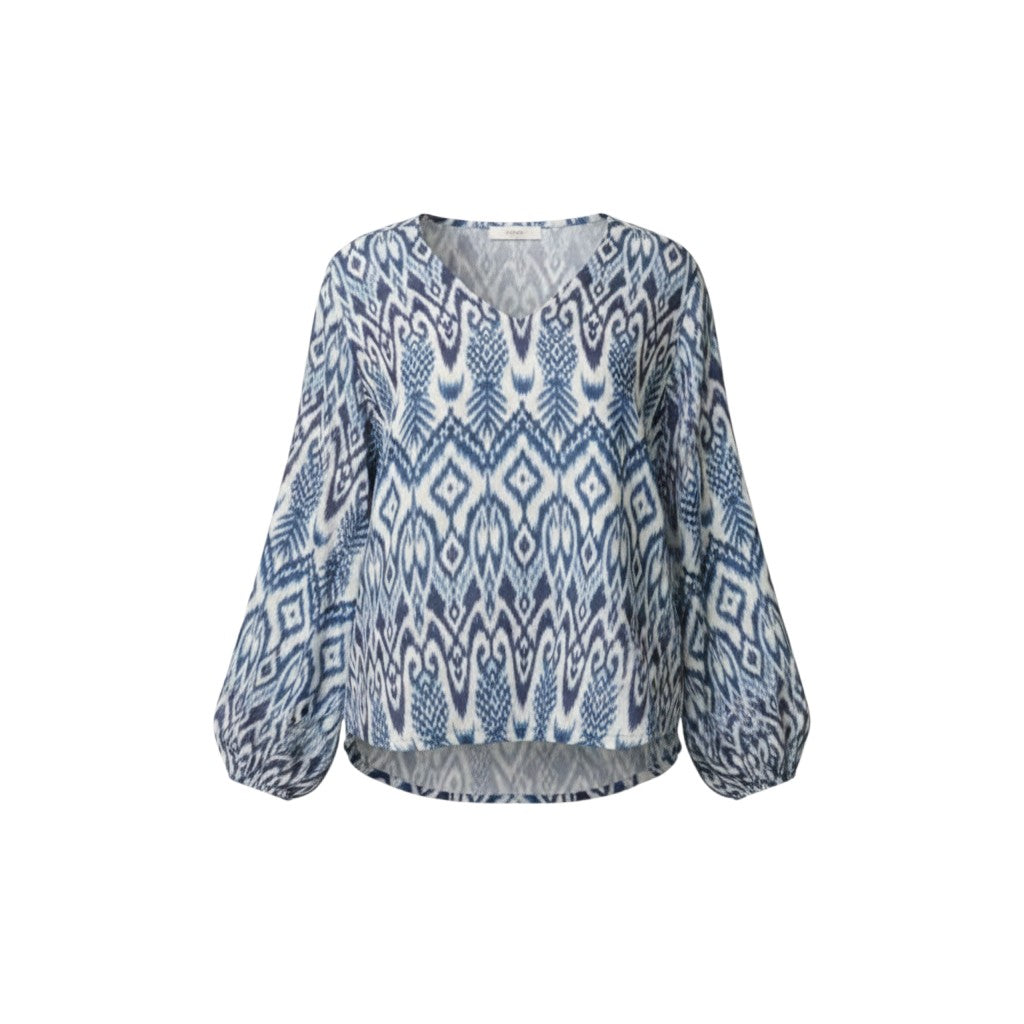 QED London - Ladies - Aztec Print V-Neck Puffball Blouse - Blue/White - Wildvine Clothing, Spalding, Lincolnshire