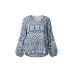 QED London - Ladies - Aztec Print V-Neck Puffball Blouse - Blue/White - Wildvine Clothing, Spalding, Lincolnshire