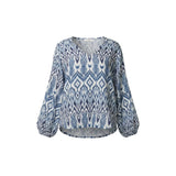 QED London - Ladies - Aztec Print V-Neck Puffball Blouse - Blue/White - Wildvine Clothing, Spalding, Lincolnshire