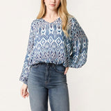 QED London - Ladies - Aztec Print V-Neck Puffball Blouse - Blue/White - Wildvine Clothing, Spalding, Lincolnshire