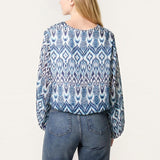 QED London - Ladies - Aztec Print V-Neck Puffball Blouse - Blue/White - Wildvine Clothing, Spalding, Lincolnshire