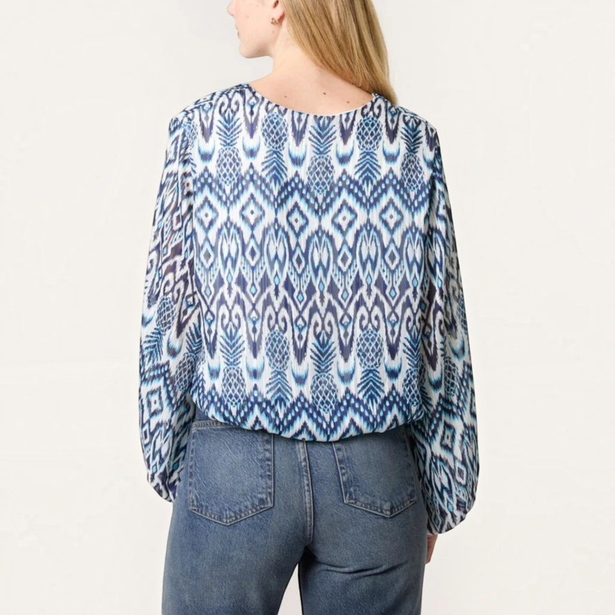 QED London - Ladies - Aztec Print V-Neck Puffball Blouse - Blue/White - Wildvine Clothing, Spalding, Lincolnshire