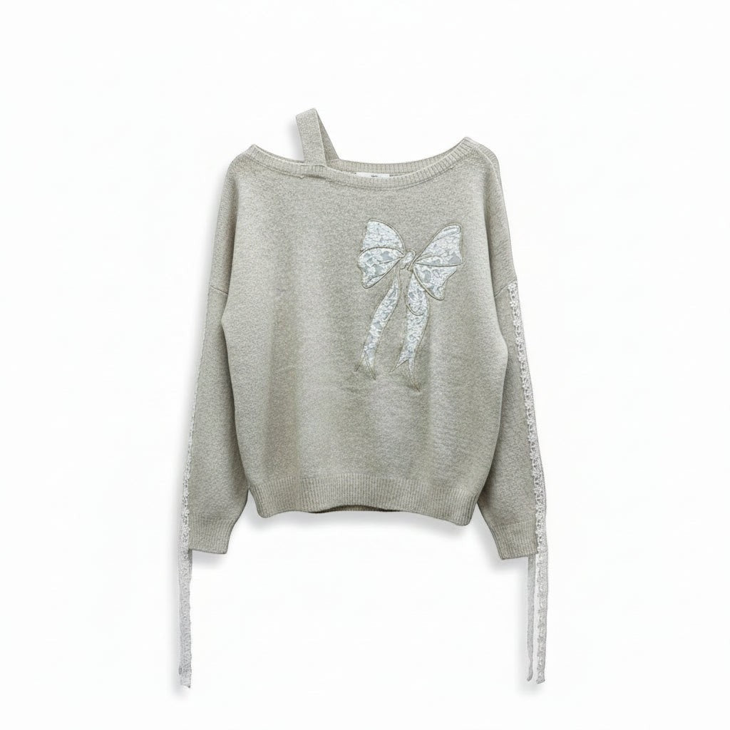 Wild Flower - Ladies - Bow Embroidered Jumper - Beige S M - Wildvine Clothing, Spalding, Lincolnshire