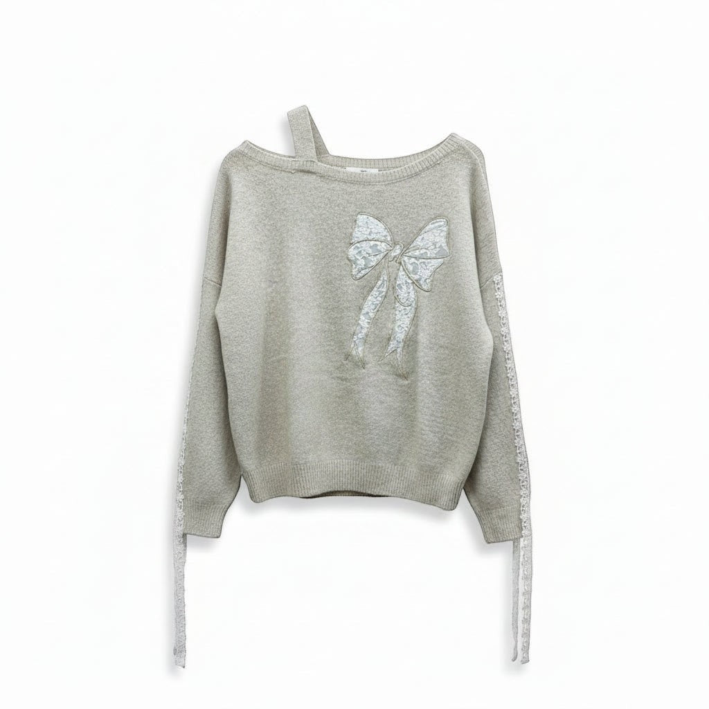 Wild Flower - Ladies - Bow Embroidered Jumper - Beige M L - Wildvine Clothing, Spalding, Lincolnshire